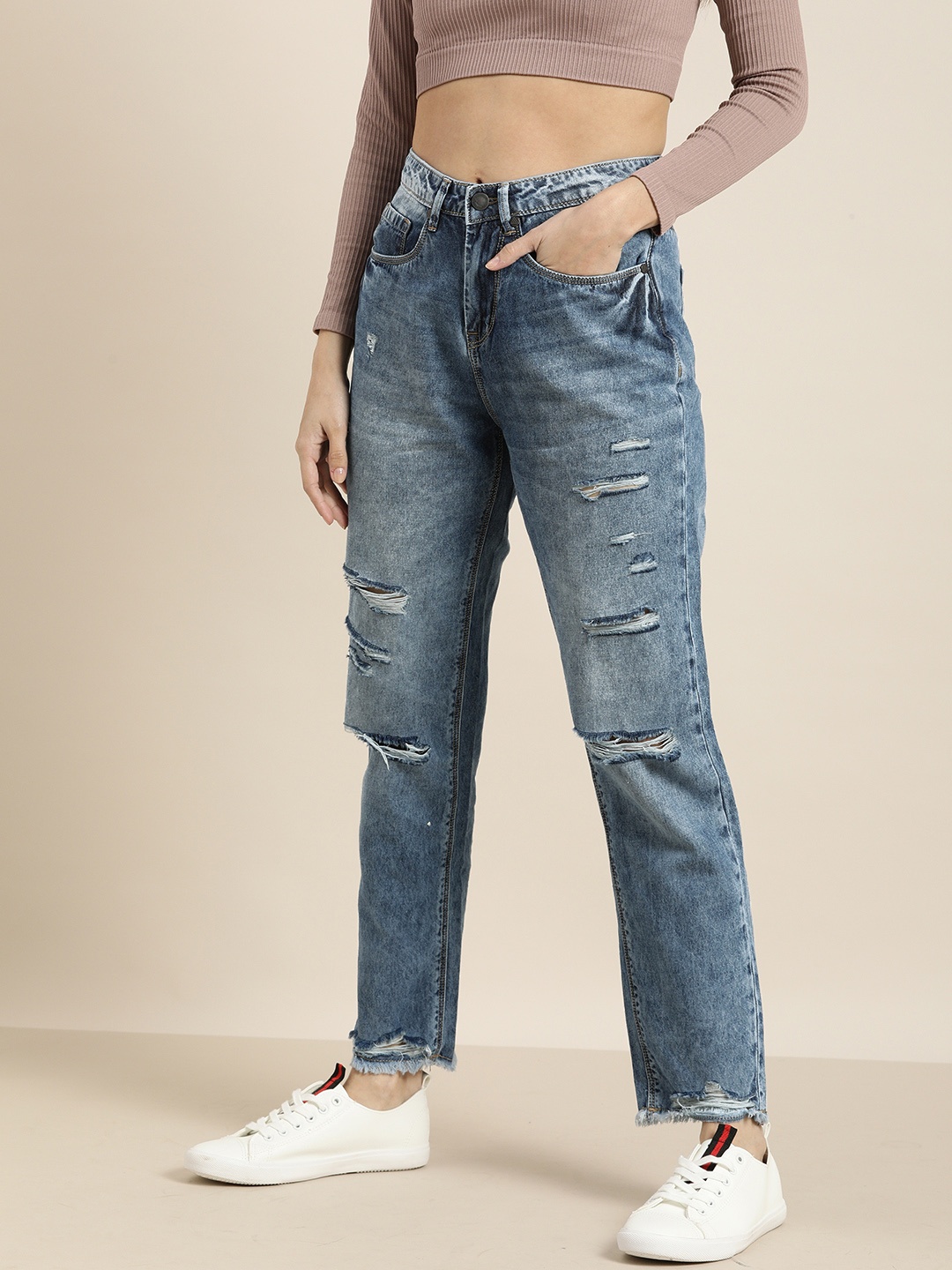

Moda Rapido Women Blue Slim Fit High-Rise Highly Distressed Light Fade Jeans