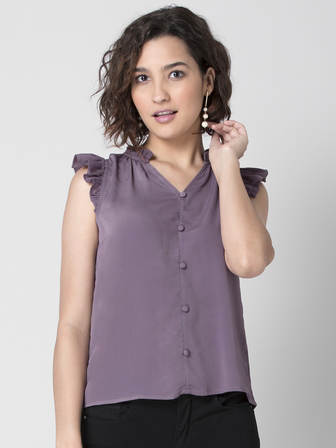 

FabAlley Purple Mandarin Collar Crepe Shirt Style Top