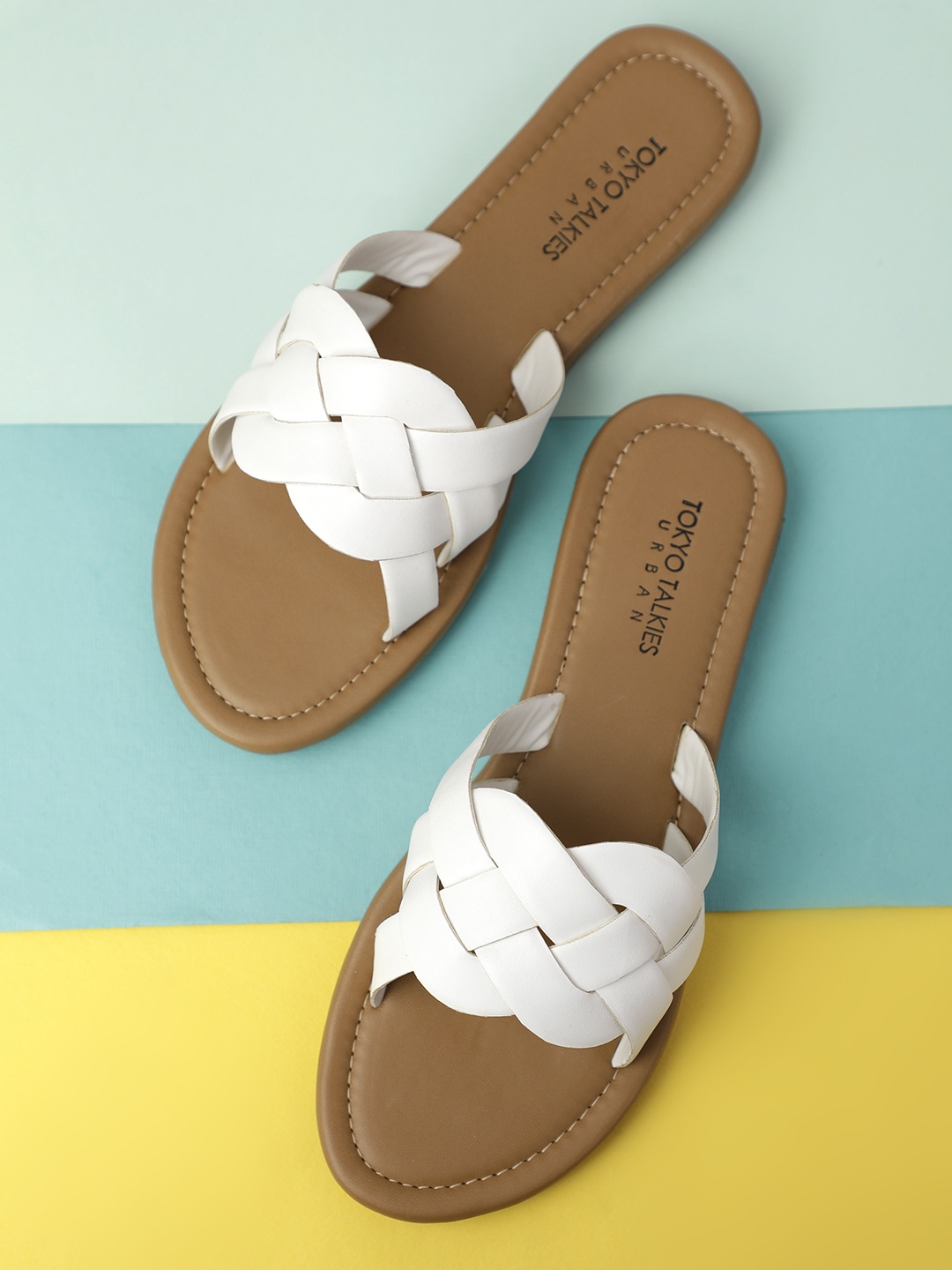 

Tokyo Talkies Women White Colourblocked Open Toe Flats with Bows