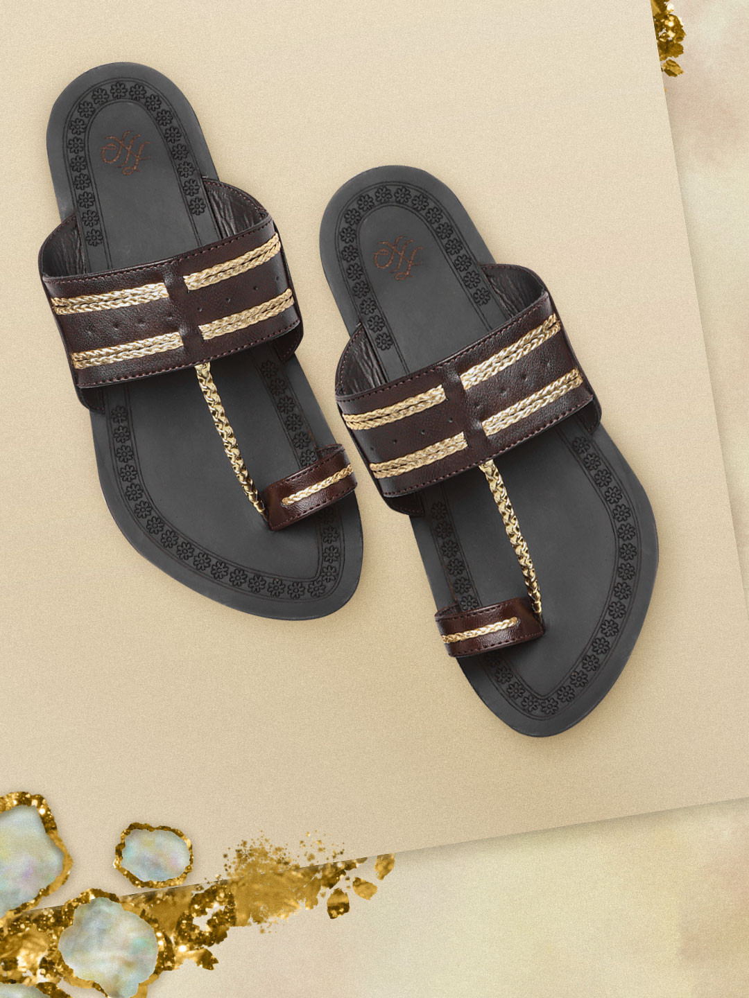 

House of Pataudi Men Coffee Brown & Gold-Toned Braided Handcrafted Comfort One Toe Sandals