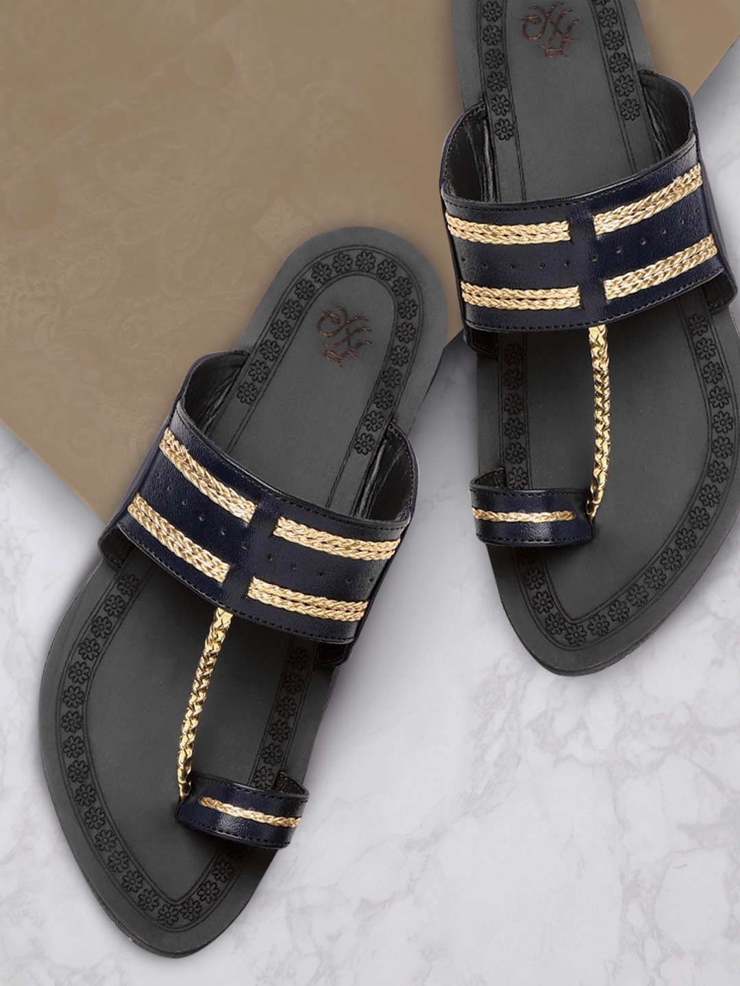 

House of Pataudi Men Navy Blue & Gold-Toned Braided Ethnic One Toe Sandals