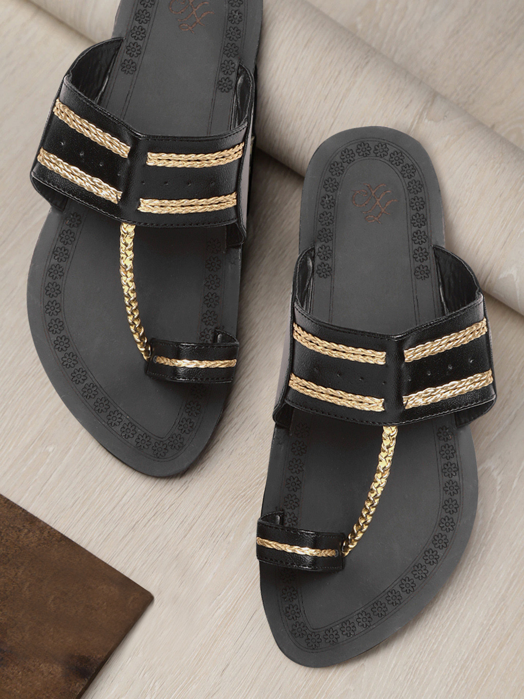 

House of Pataudi Men Black & Gold-Toned Braided Handcrafted Comfort Sandals
