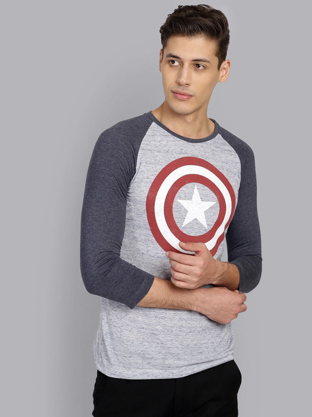 

Free Authority Men Navy Blue & Grey Melange Captain America Printed T-Shirt