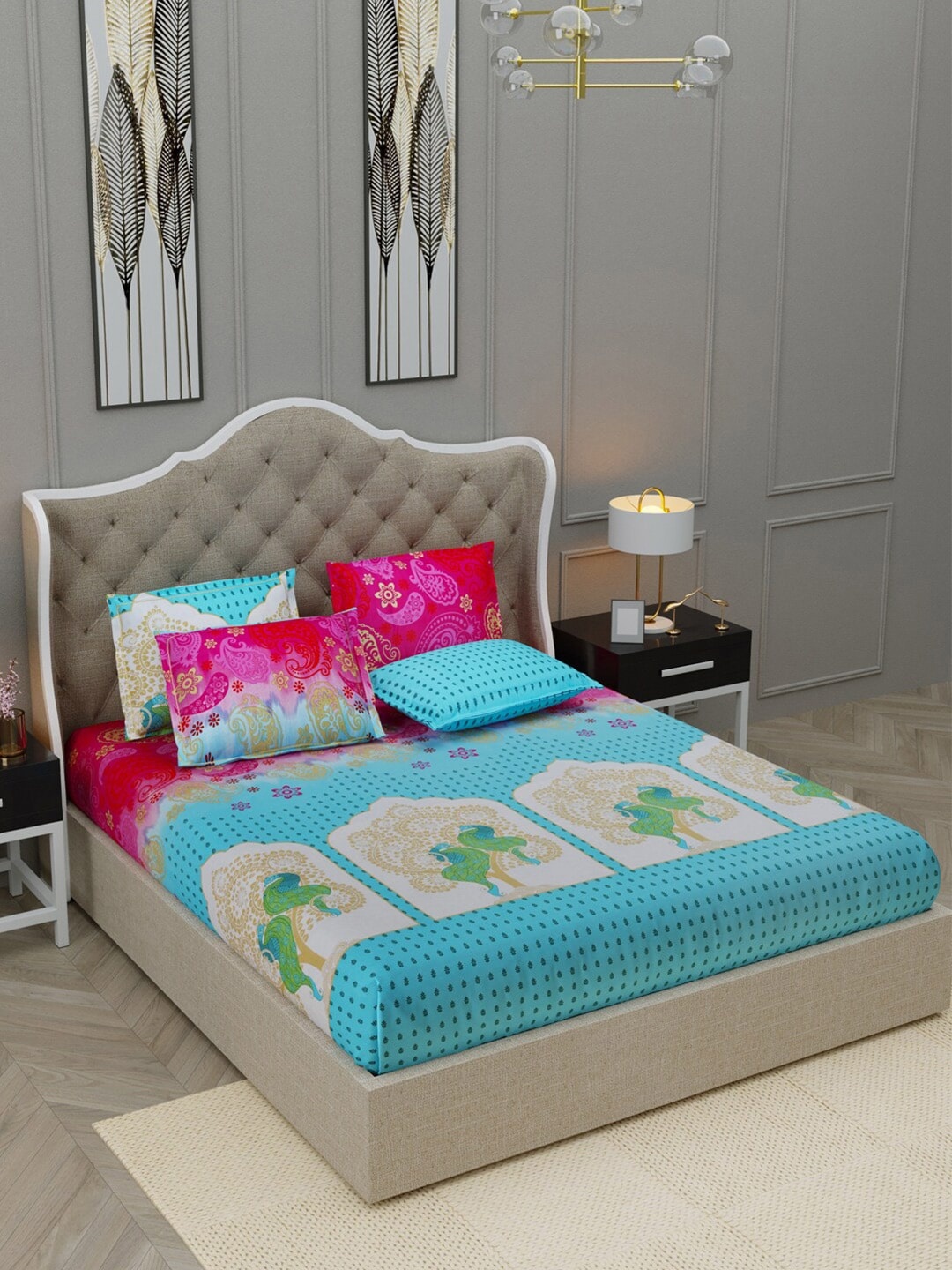 

BOMBAY DYEING Blue & Pink Ethnic Motifs 210 TC King Bedsheet with 4 Pillow Covers