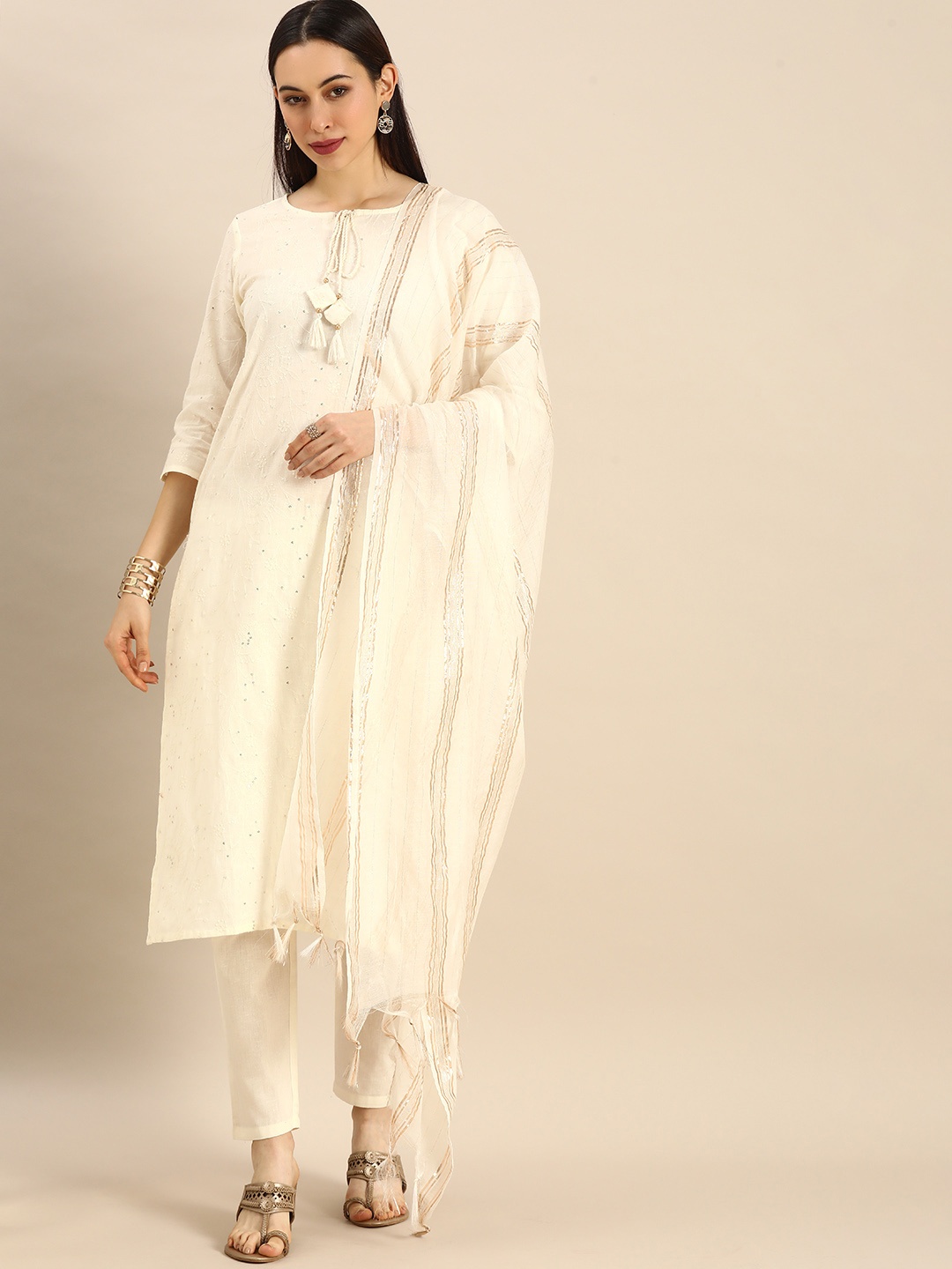 

Rajnandini Women Off White Floral Embroidered Sequinned Pure Cotton Kurta with Trousers & With Dupatta