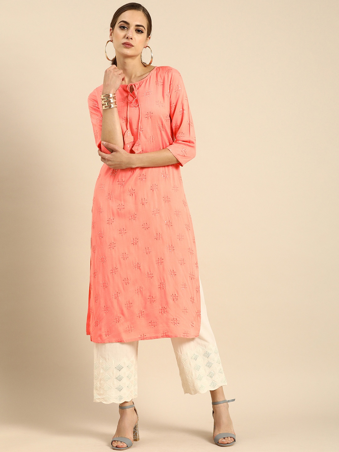 

Rajnandini Women Peach-Coloured Embellished Kurta