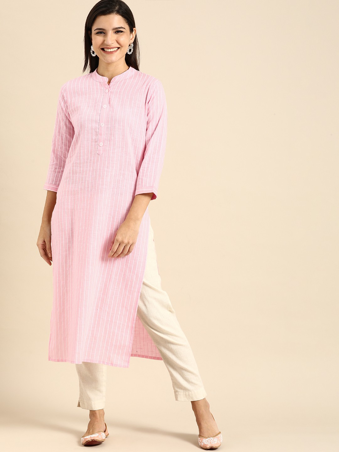 

Rajnandini Pink & White Striped Pure Cotton Kurta