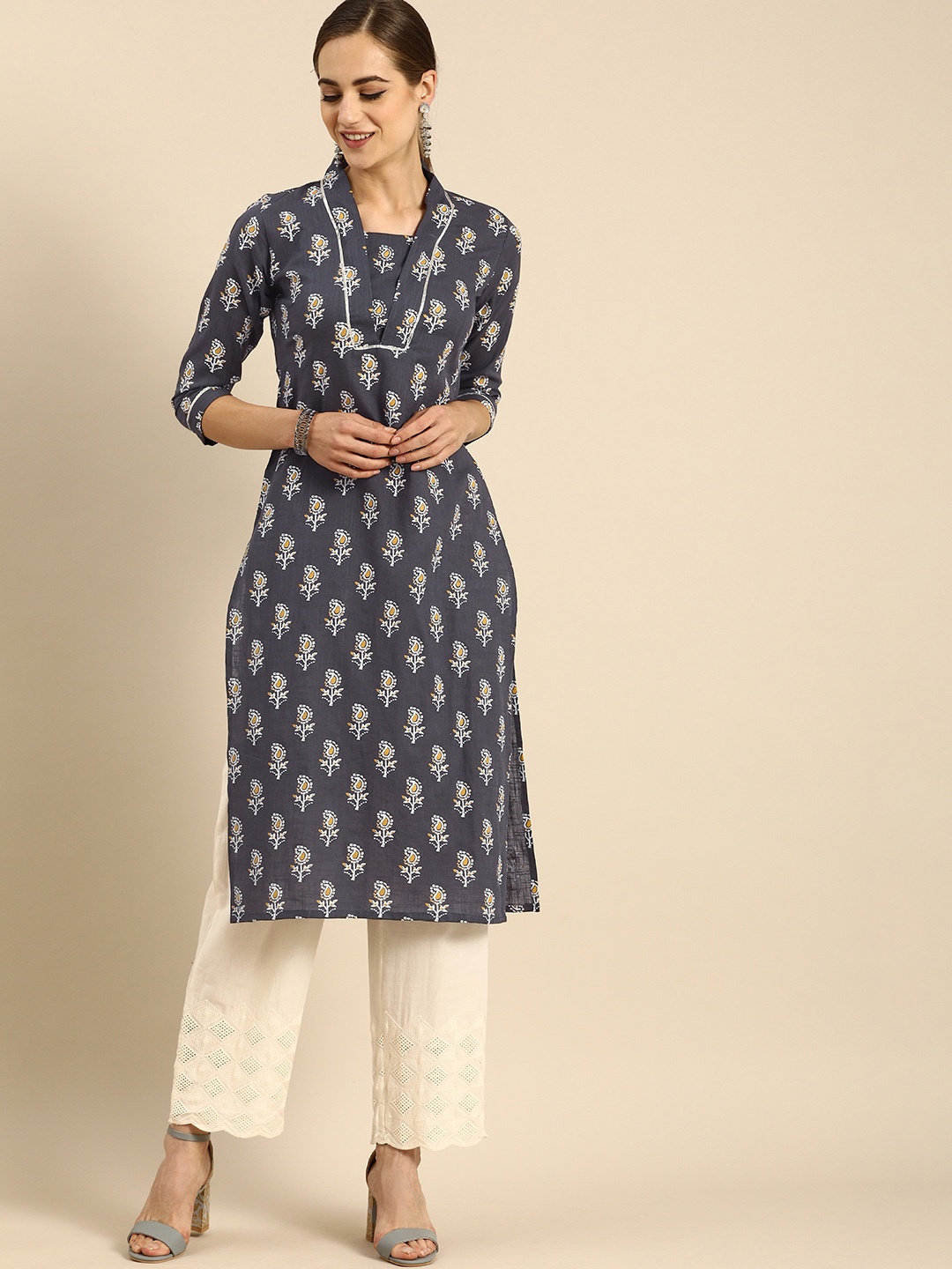 

Rajnandini Women Grey Ethnic Motifs Printed Shawl Neck Pure Cotton Kurta