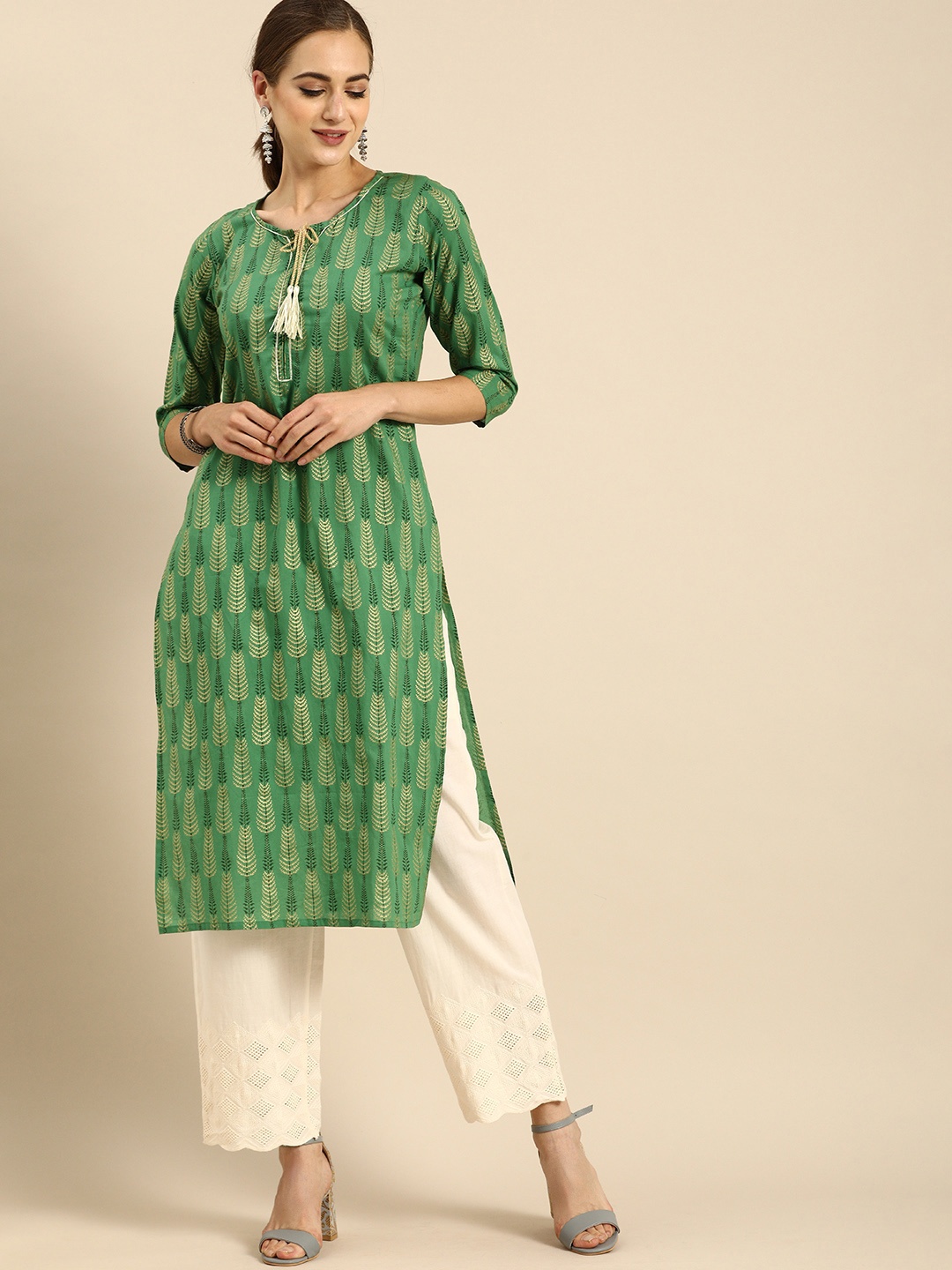 

Rajnandini Women Green Ethnic Motifs Printed Pure Cotton Kurta