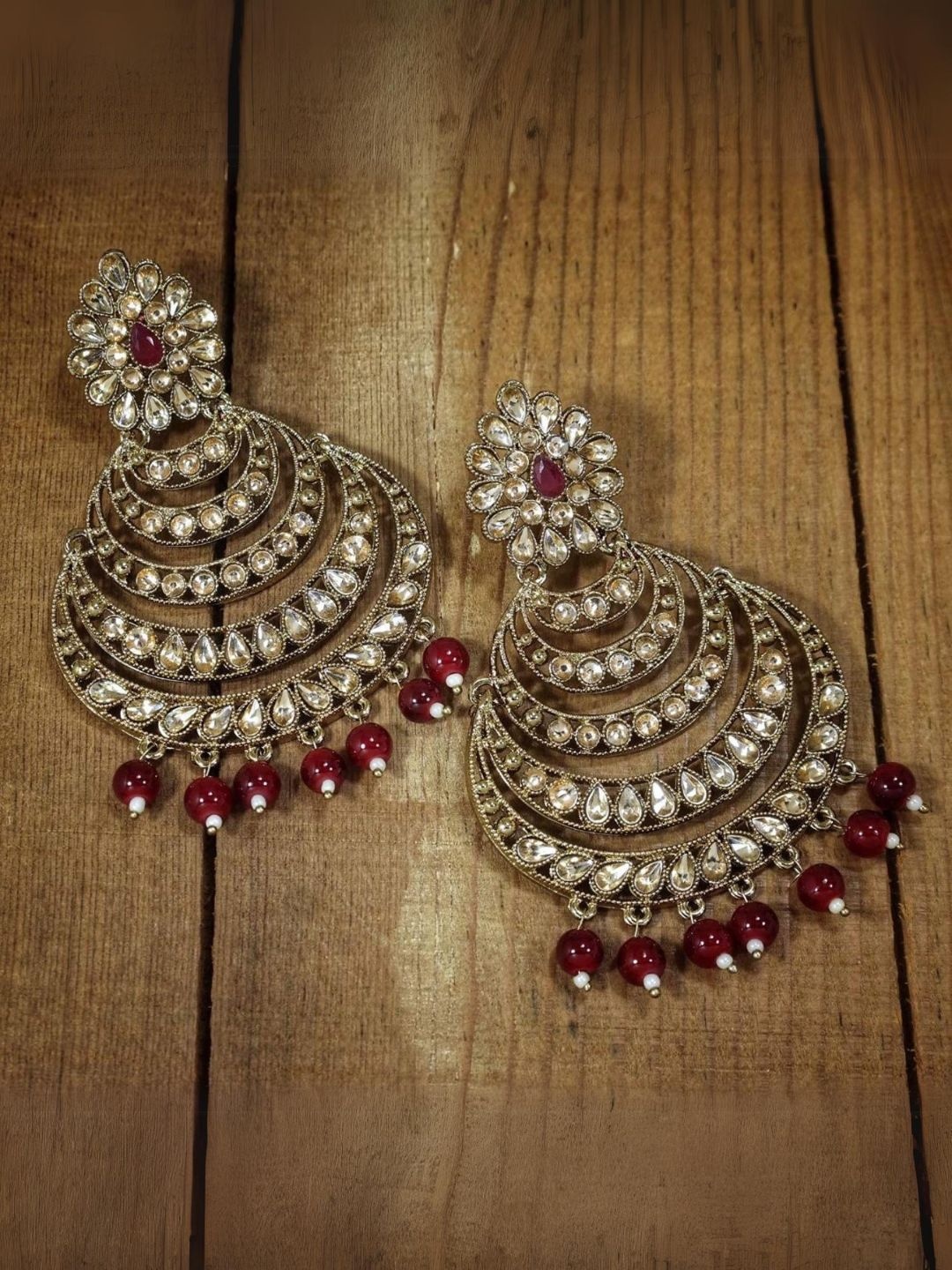 

I Jewels Gold-Plated & Maroon Embellished Crescent Shaped Chandbalis