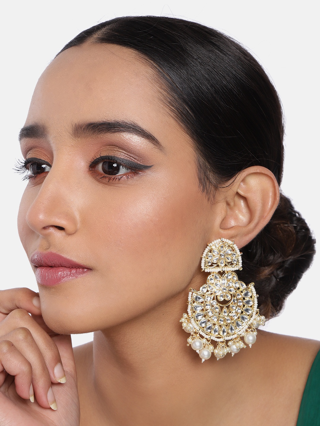 

I Jewels Gold-Plated & White Pearl Kundan Studded Drop Earrings