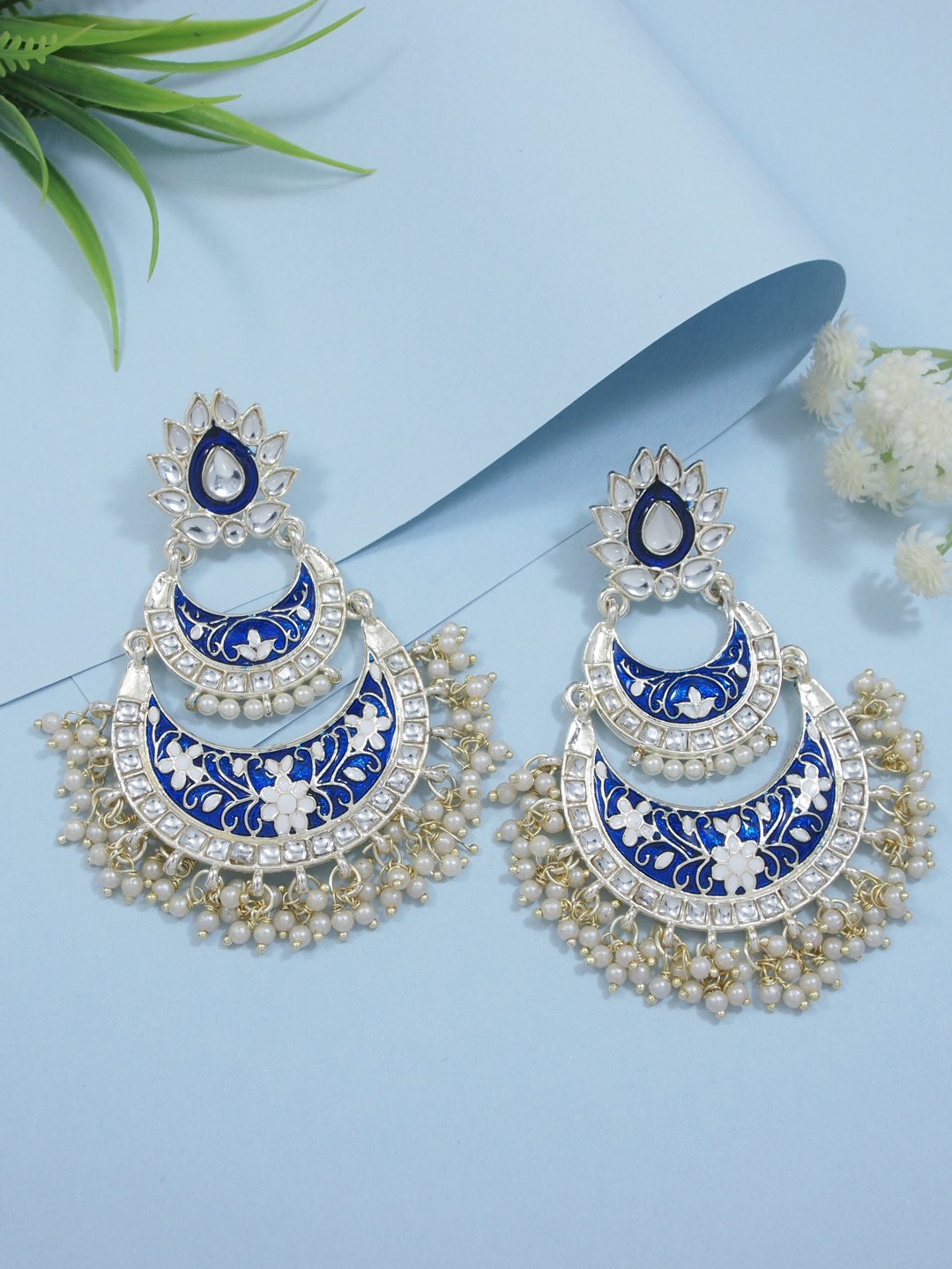 

I Jewels Gold-Plated & Blue Enamelled Crescent Shaped Chandbalis