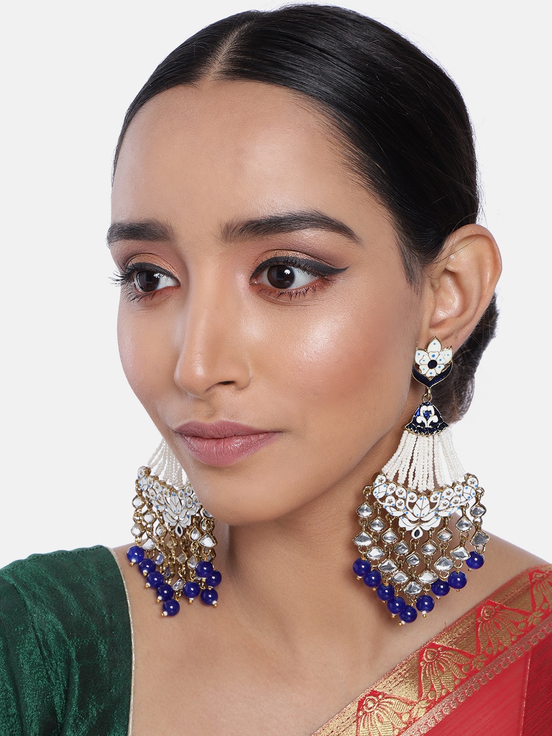 

I Jewels Gold-Plated & Blue Enamelled Kundan and Pearl Studded Classic Drop Earrings