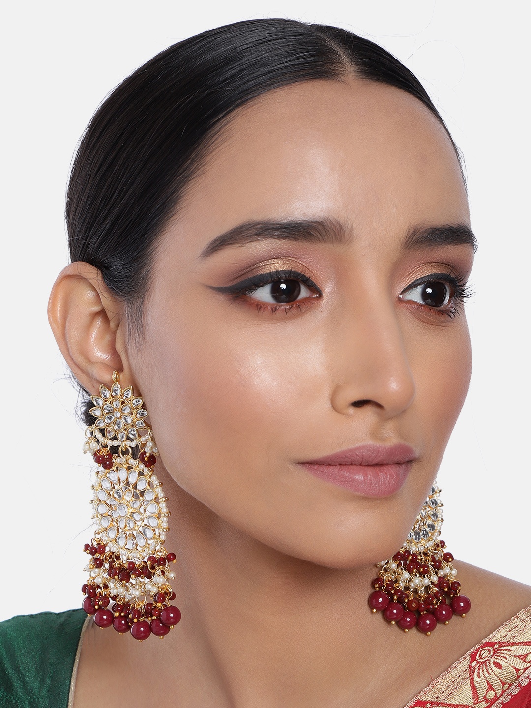 

I Jewels Gold-Plated & Maroon Kundan and Pearl Studded Circular Drop Earrings