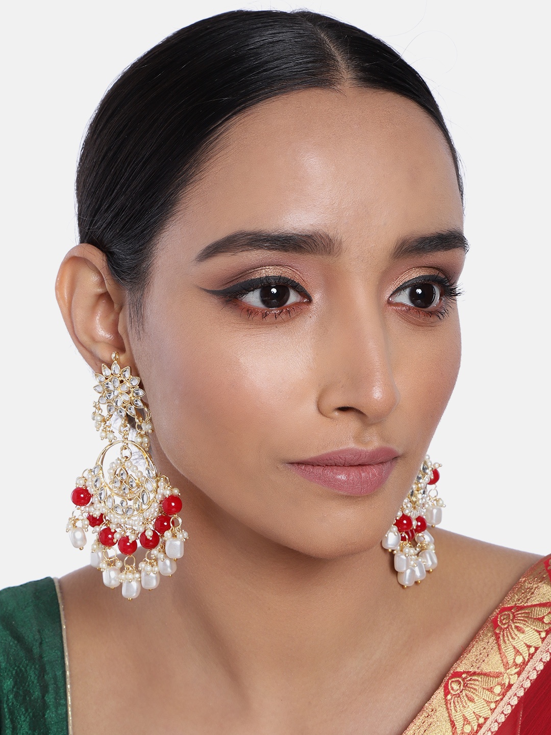 

I Jewels Gold-Plated Red Crescent Shaped Kundan Studded Chandbalis Earrings