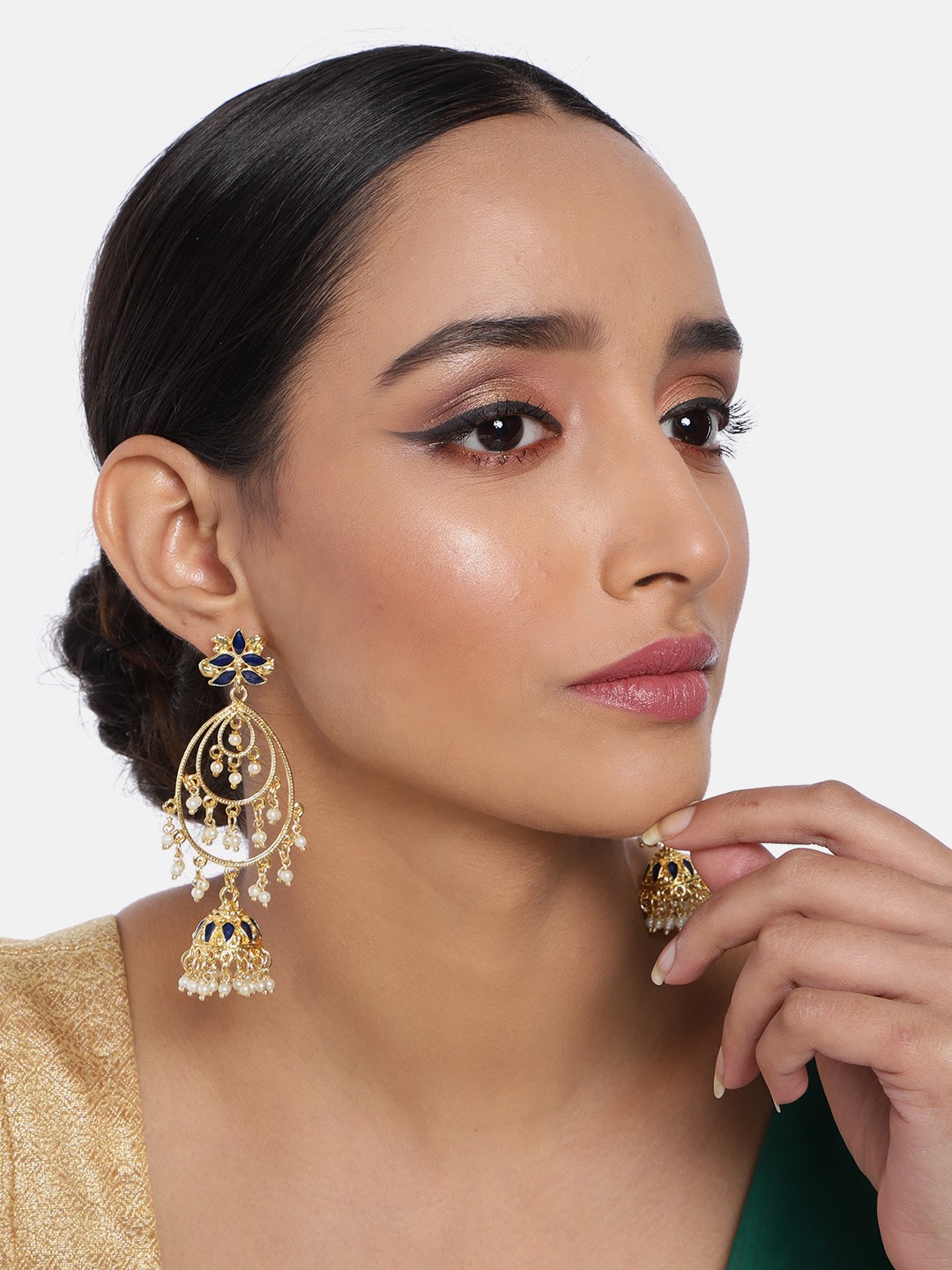 

I Jewels Gold-Plated & Blue Embellished Drop Earrings