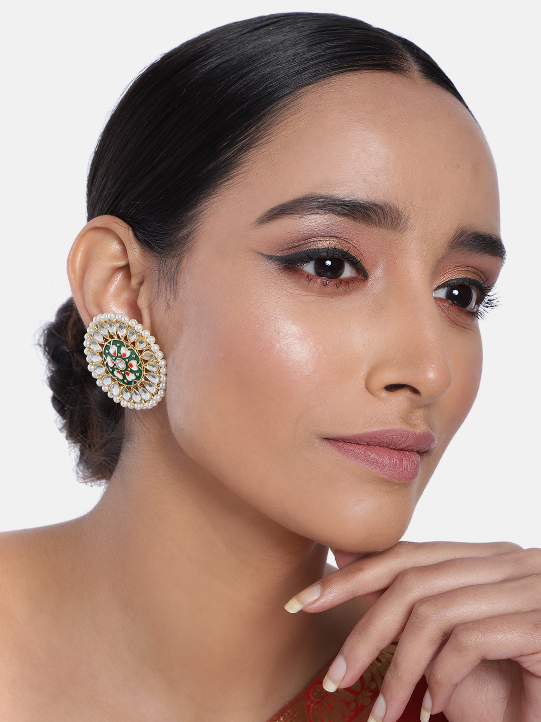 

I Jewels White & Green Gold-Plated Kundan Enamelled Circular Oversized Stud Earrings