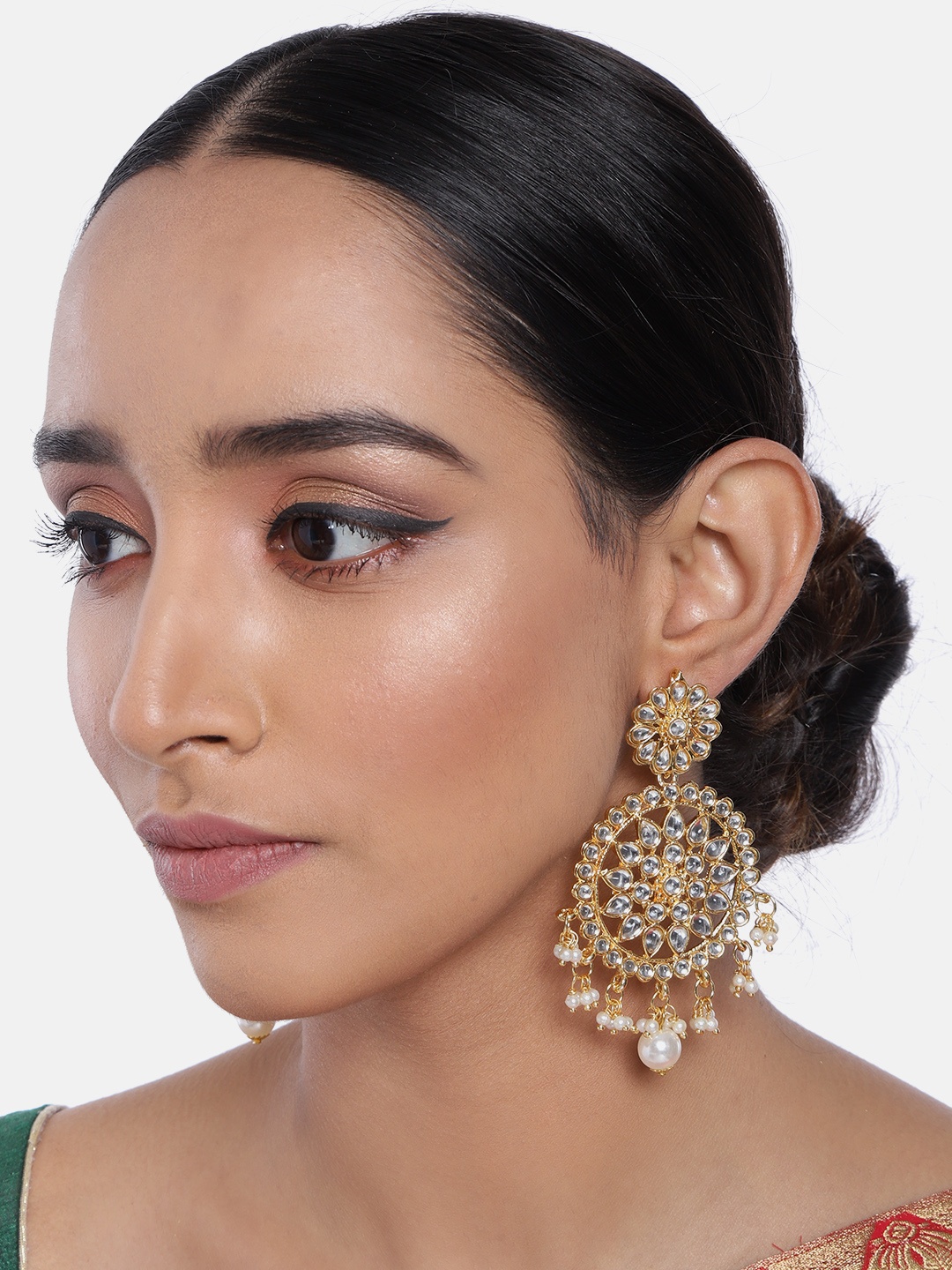 

I Jewels Gold-Plated Kundan Studded Circular Drop Earrings