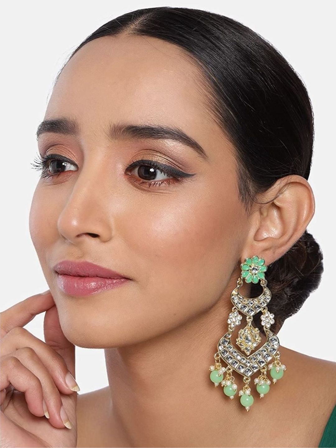 

I Jewels Gold-Plated & Sea Green Enamelled and Kundan Studded Classic Drop Earrings