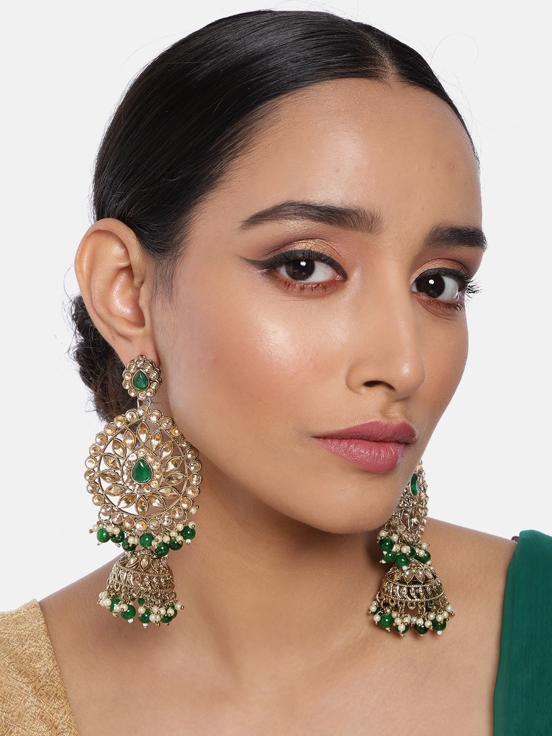 

I Jewels Gold-Plated & Green Antique Kundan and Pearl Studded Dome Shaped Jhumkas