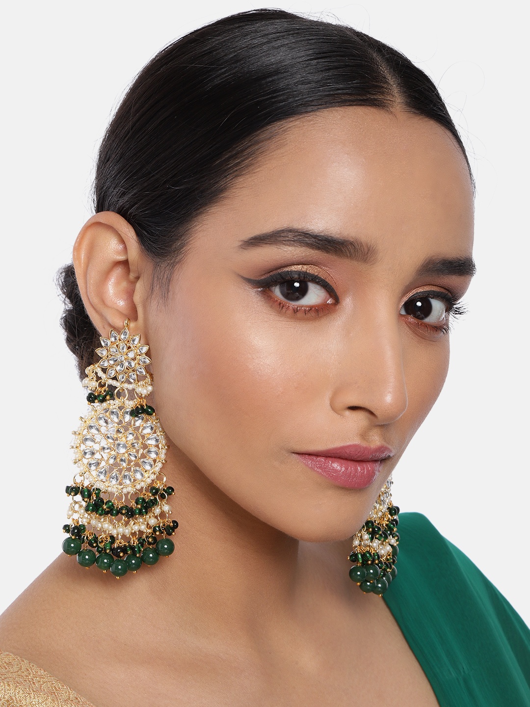 

I Jewels Gold-Plated & Green Kundan and Pearl Studded Circular Drop Earrings