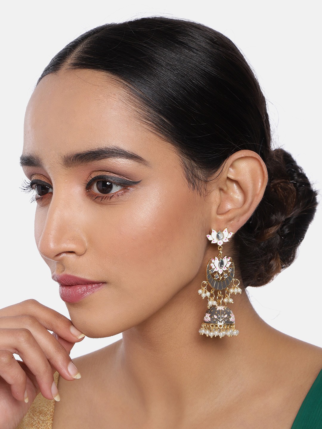

I Jewels Gold-Plated & Grey Enamelled Dome Shaped Jhumkas