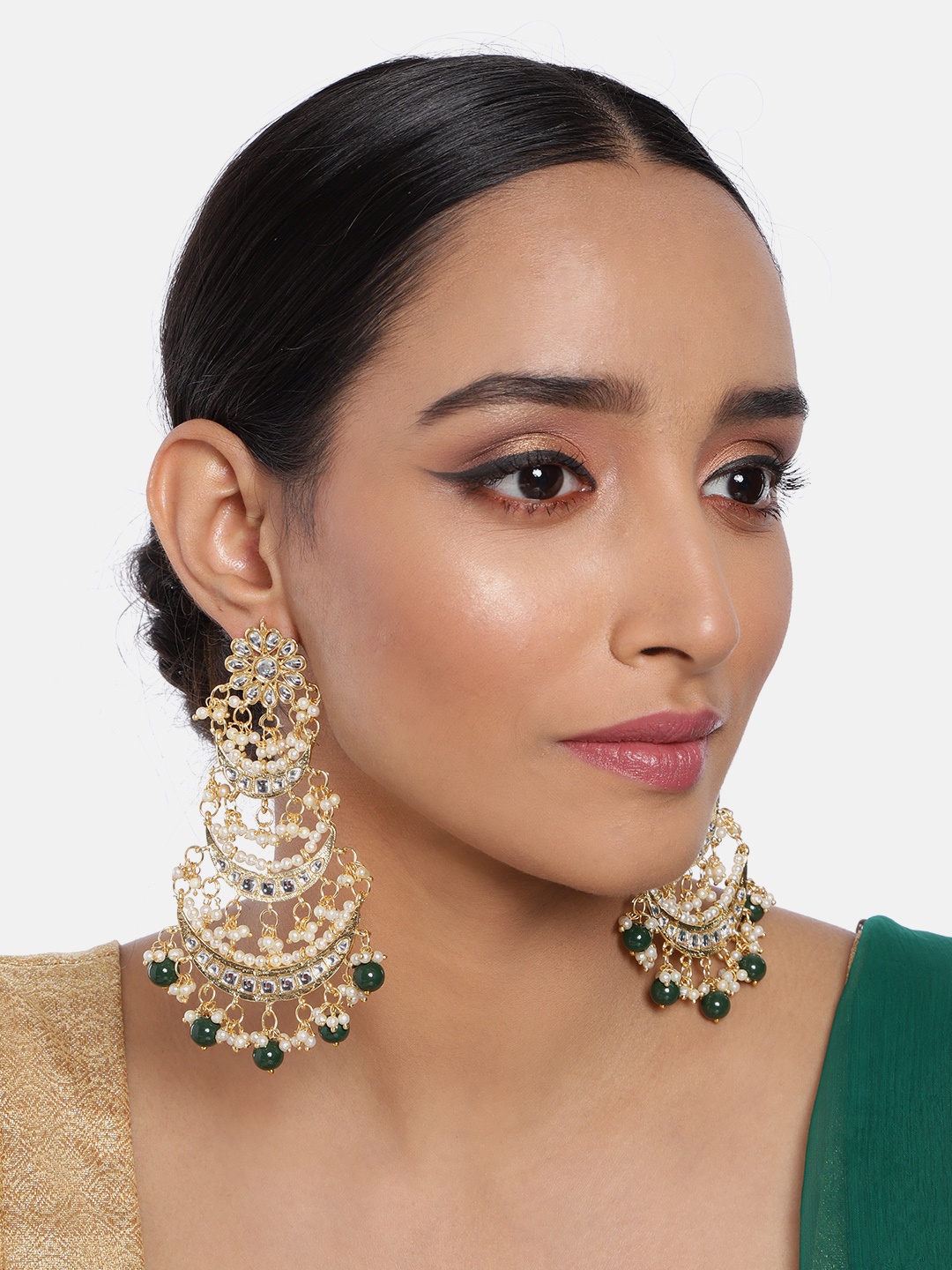 

I Jewels Gold-Plated & Green Kundan Studded Crescent Shaped Chandbali Earrings