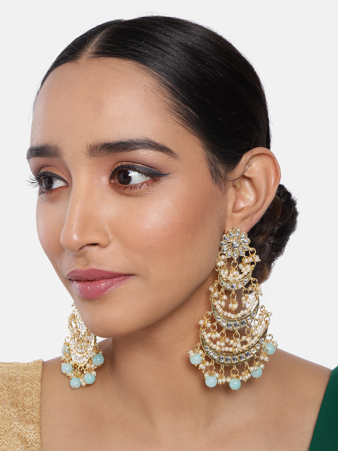 

I Jewels Gold-Plated & Turquoise Blue Kundan Studded Crescent Shaped Chandbali Earrings