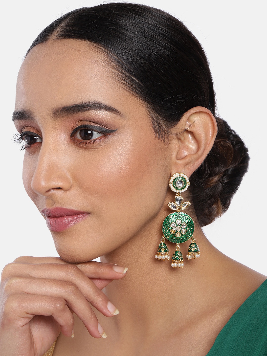 

I Jewels Gold-Plated & Green Enamelled Jhumka Earrings