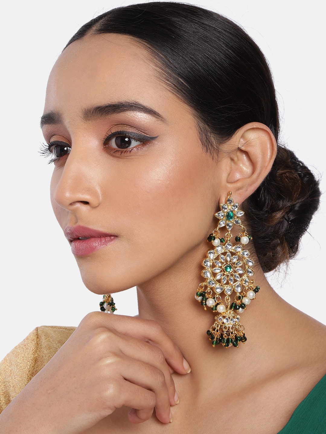 

I Jewels Gold-Plated & Green Kundan Studded Jhumki Earrings