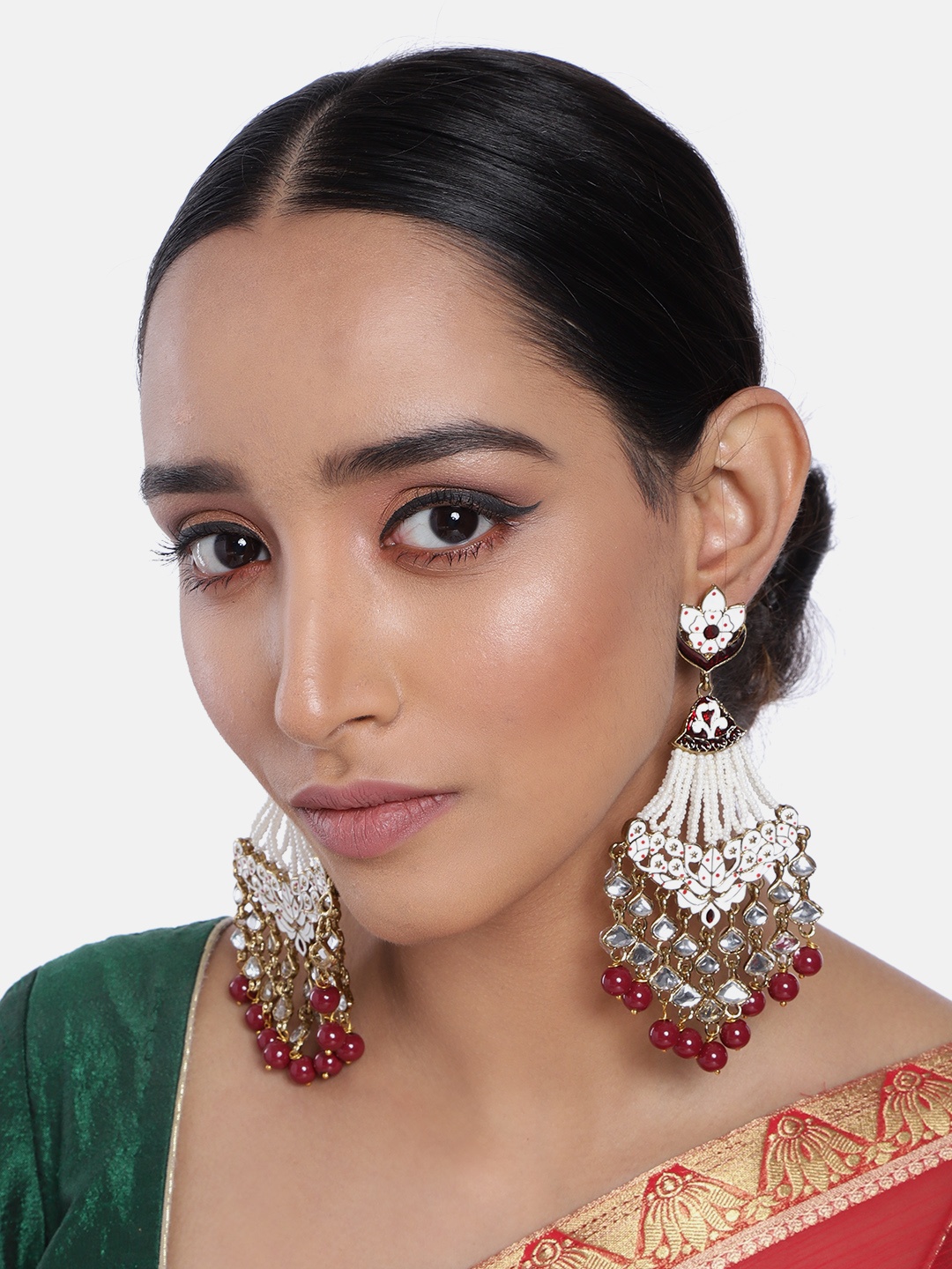 

I Jewels Gold-Plated & Maroon Classic Kundan Studded Enamelled Drop Earrings