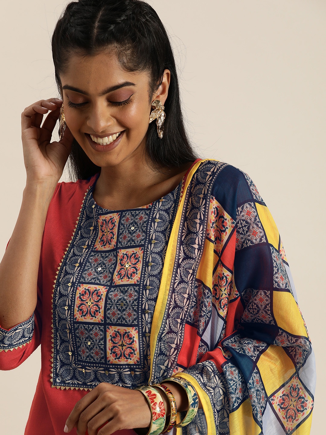 

Sangria Women Red Yoke Design Regular Gotta Patti Kurta with Trousers & Dupatta
