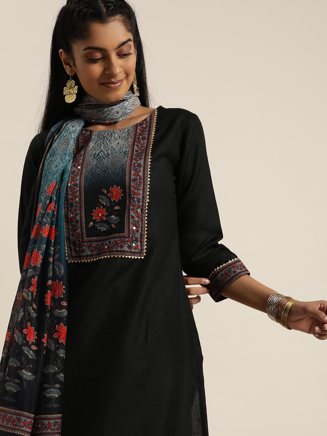 

Sangria Women Black Floral Yoke Design Regular Gotta Patti Kurta with Trousers & With Dupatta