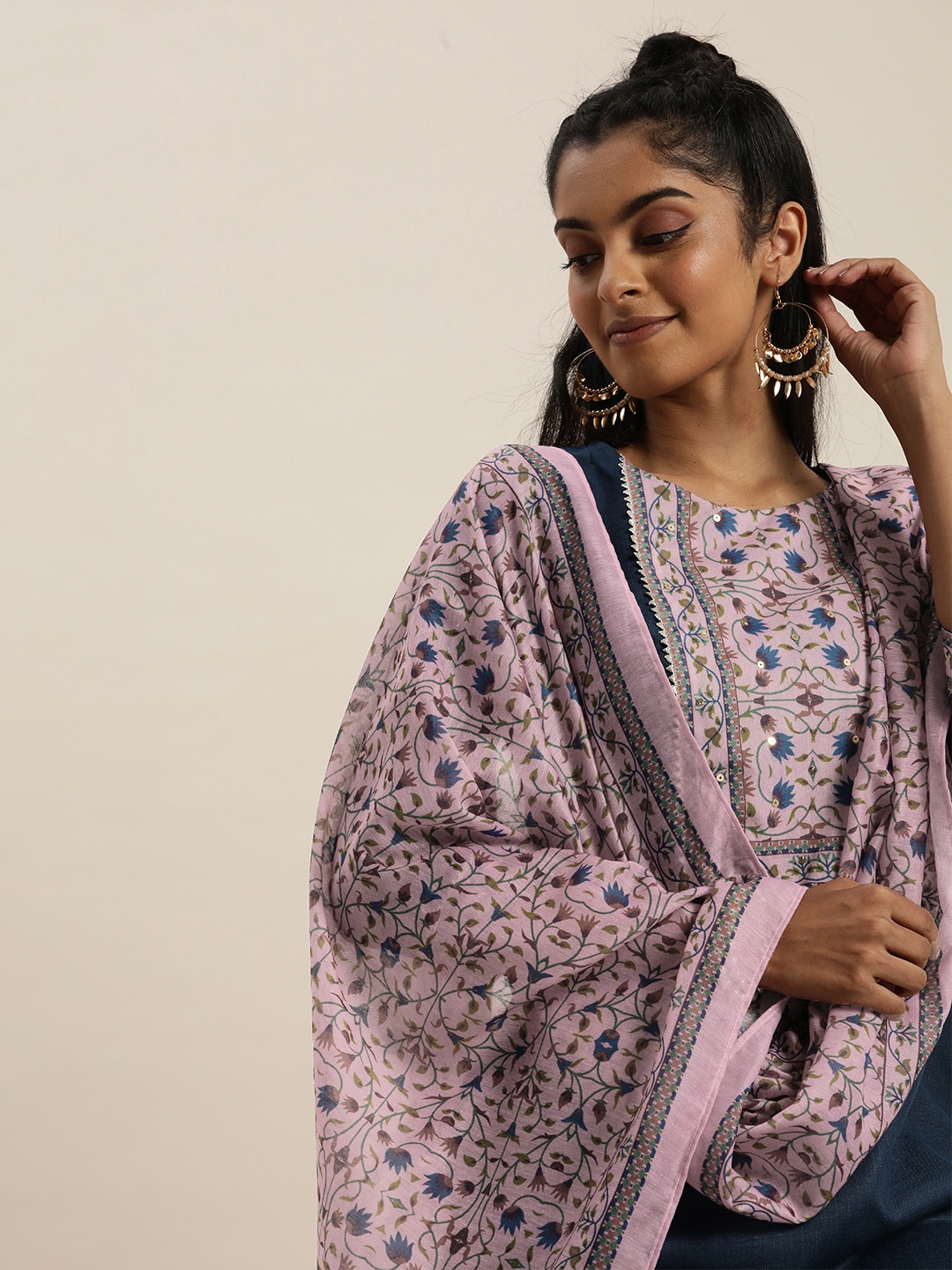 

Sangria Women Blue Floral Yoke Design Regular Gotta Patti Kurta with Pyjamas & With Dupatta