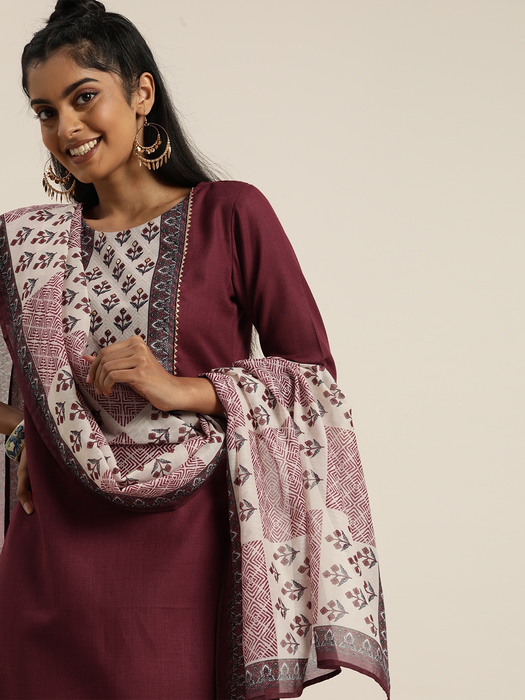 

Sangria Women Maroon Floral Yoke Design Regular Gotta Patti Kurta with Trousers & With Dupatta