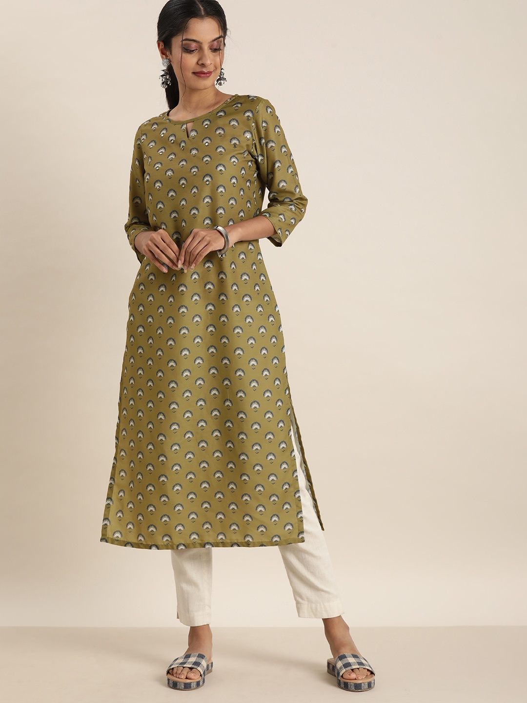 

Sangria Women Olive Green & Blue Ethnic Motifs Block Printed Kurta with Sequence Detail