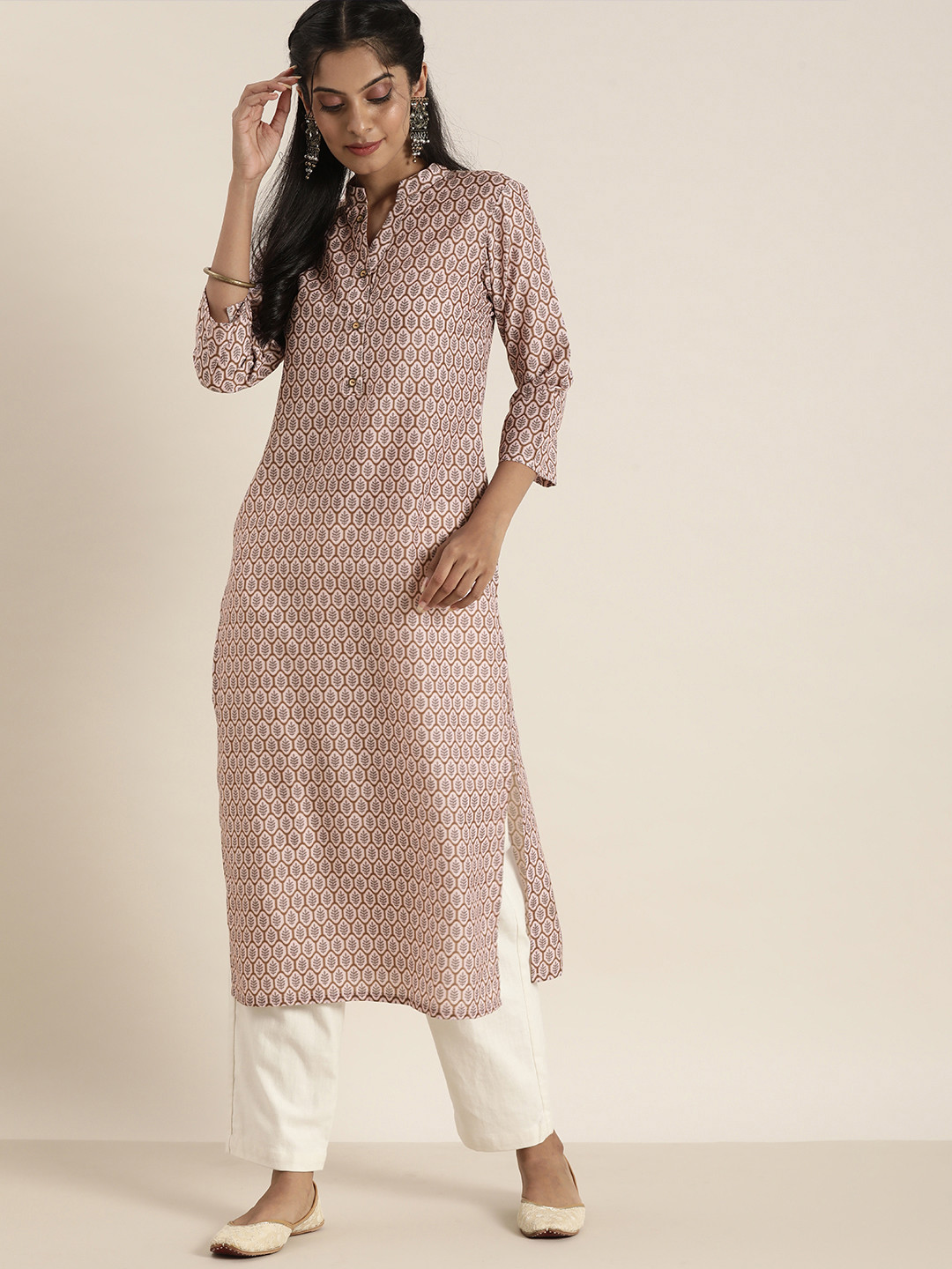 

Sangria Women Light Pink & Grey Ethnic Motifs Block Print Kurta