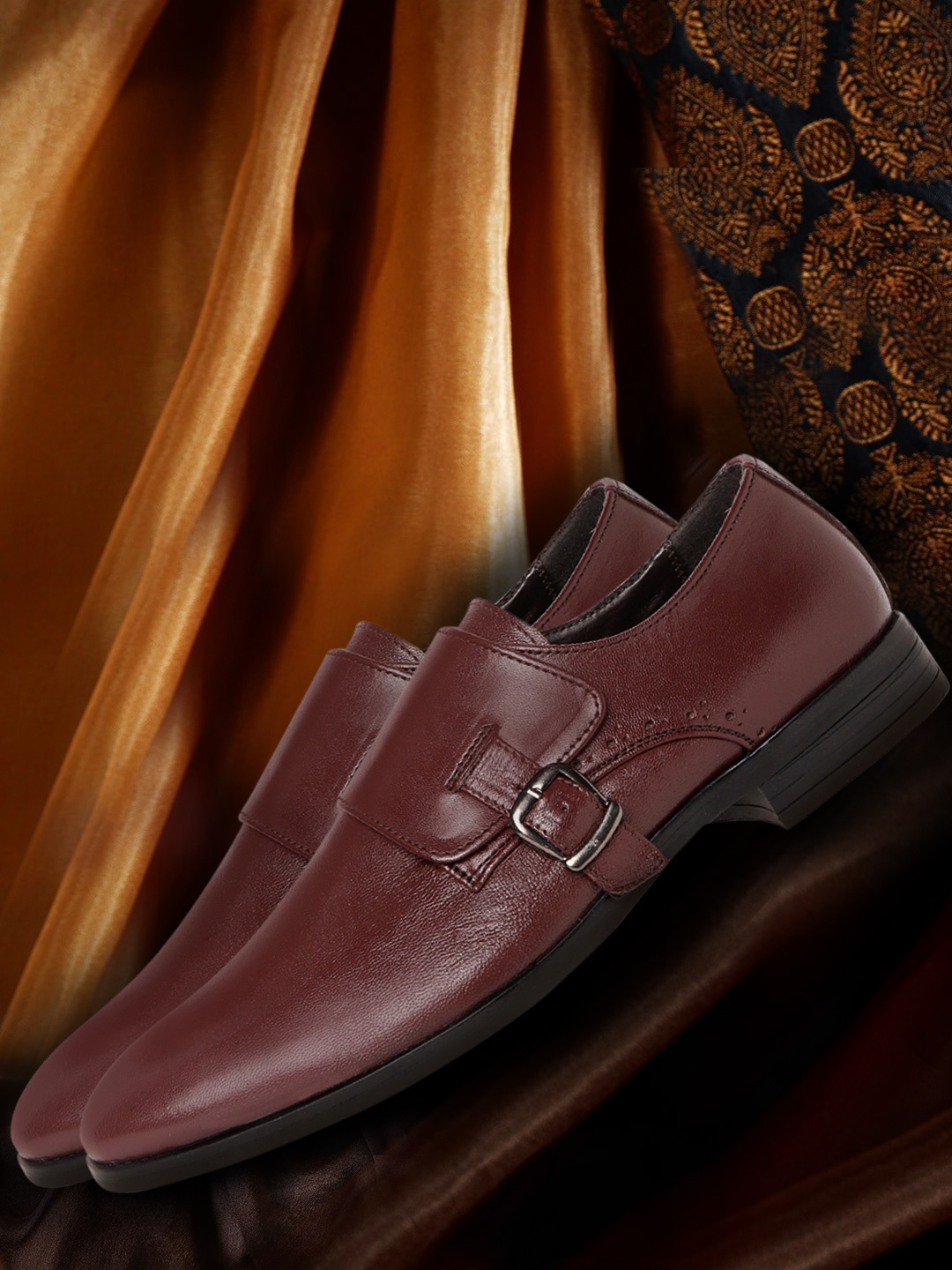 

House of Pataudi Men Burgundy Solid Handcrafted Formal Monk Shoes
