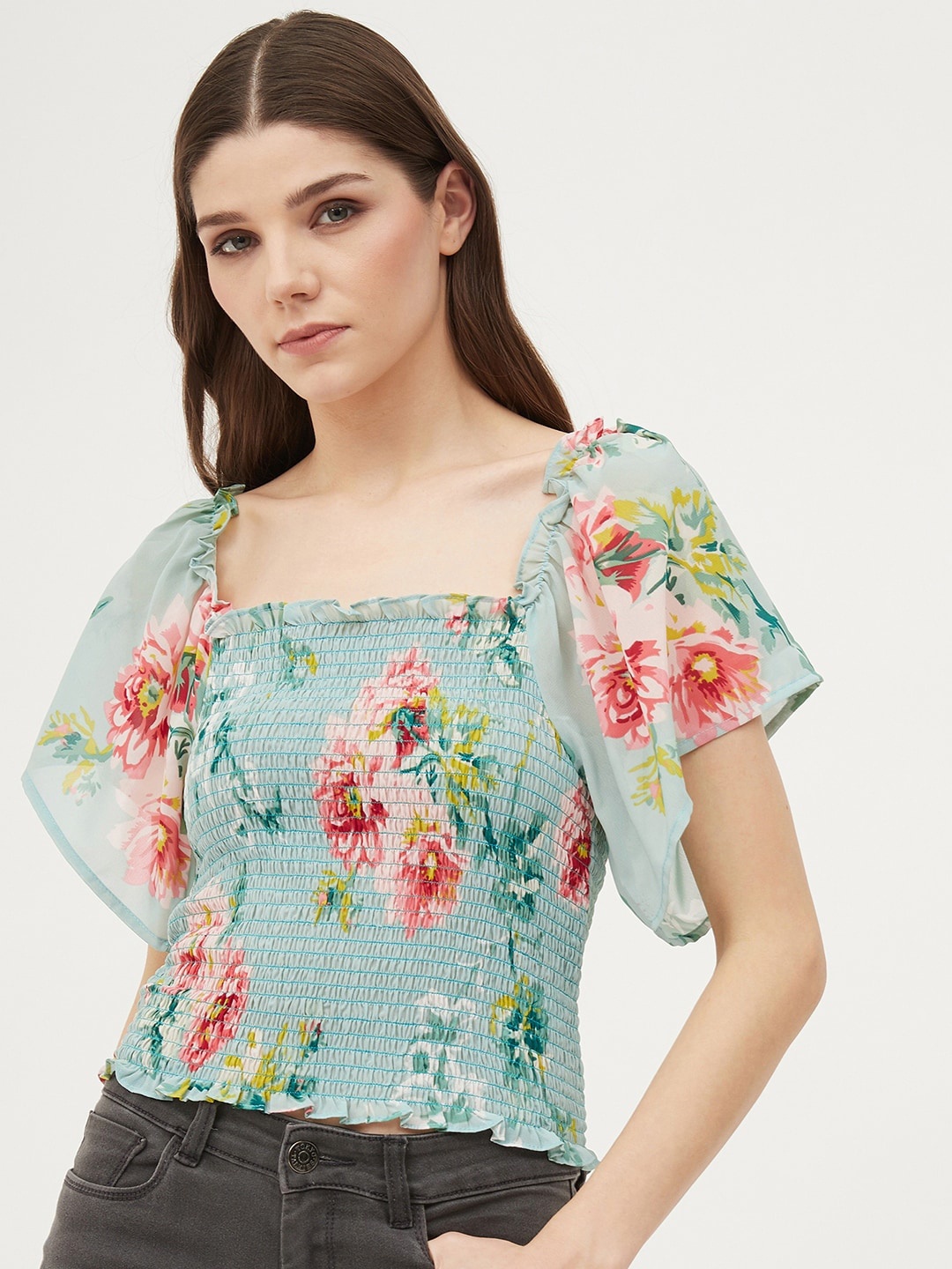 

Harpa Sea Green & Pink Floral Flared Sleeve Georgette Fitted Top