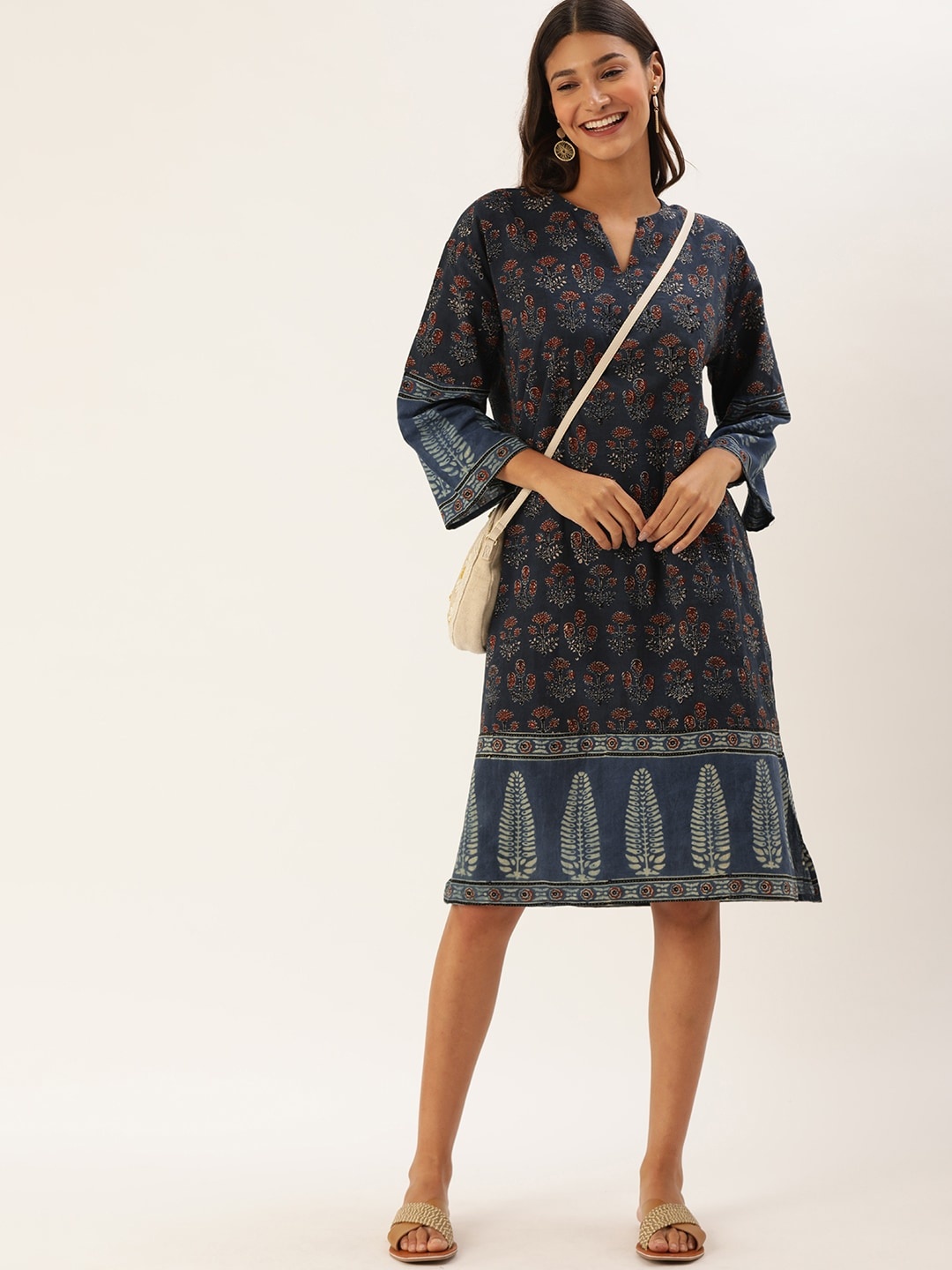 

Taavi Navy Blue & Maroon Ethnic Motifs Ajrakh Hand Block Print Sustainable A-Line Dress
