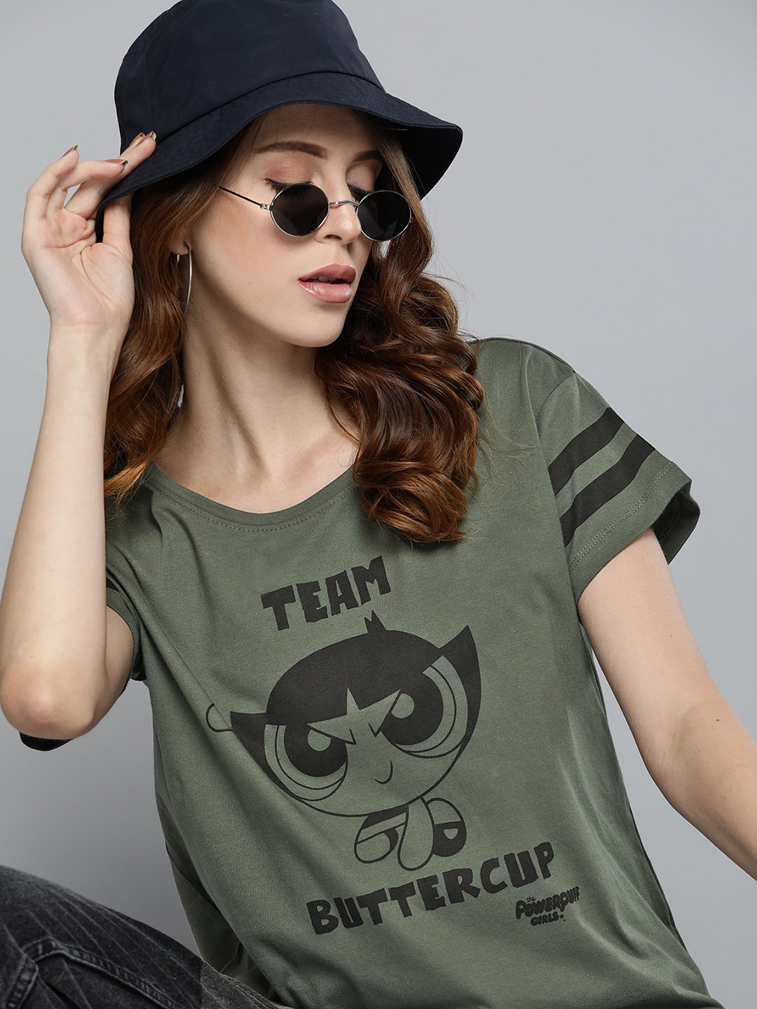 

Powerpuff Girls by Kook N Keech Women Olive Green Black Pure Cotton Printed Pure Cotton T-shirt