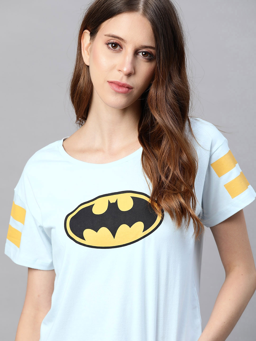 

Justice League Women Blue Black Batman Printed Pure Cotton Drop-Shoulder Sleeves Pure Cotton T-shirt