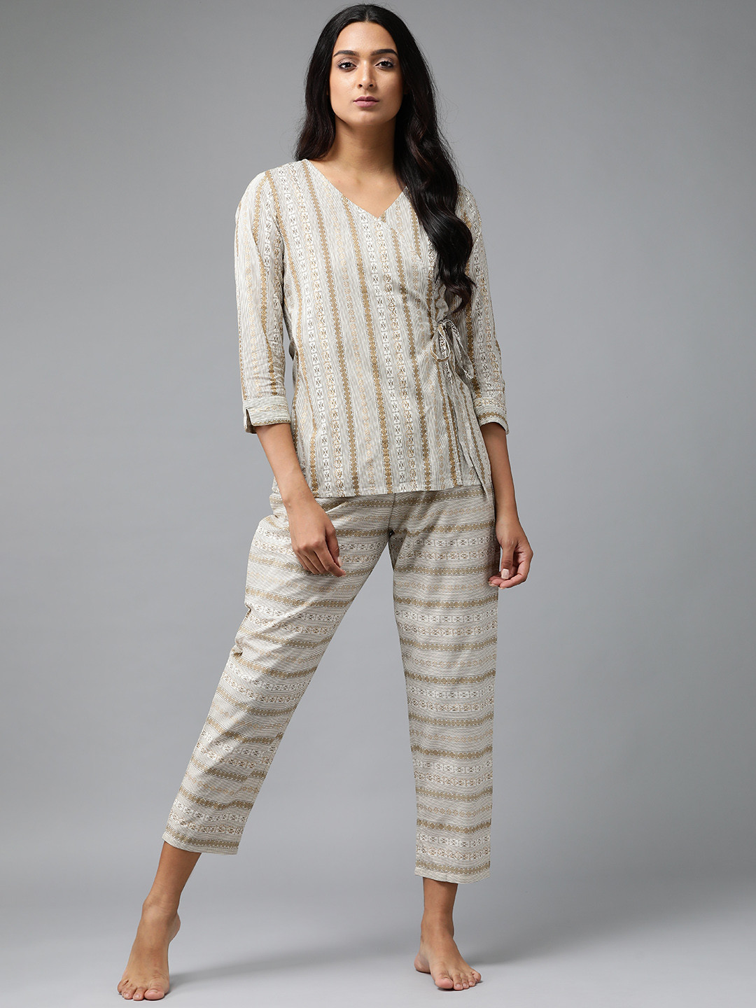 

Indo Era Women Off White & Brown Striped Pyjama suit