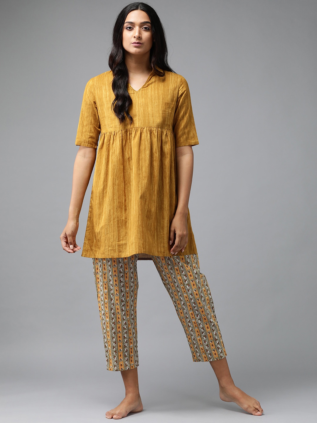 

Indo Era Women Mustard Yellow Solid Pyjama suit