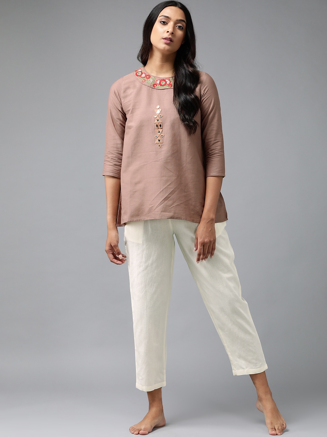 

Indo Era Women Brown & White Solid Pyjama suit