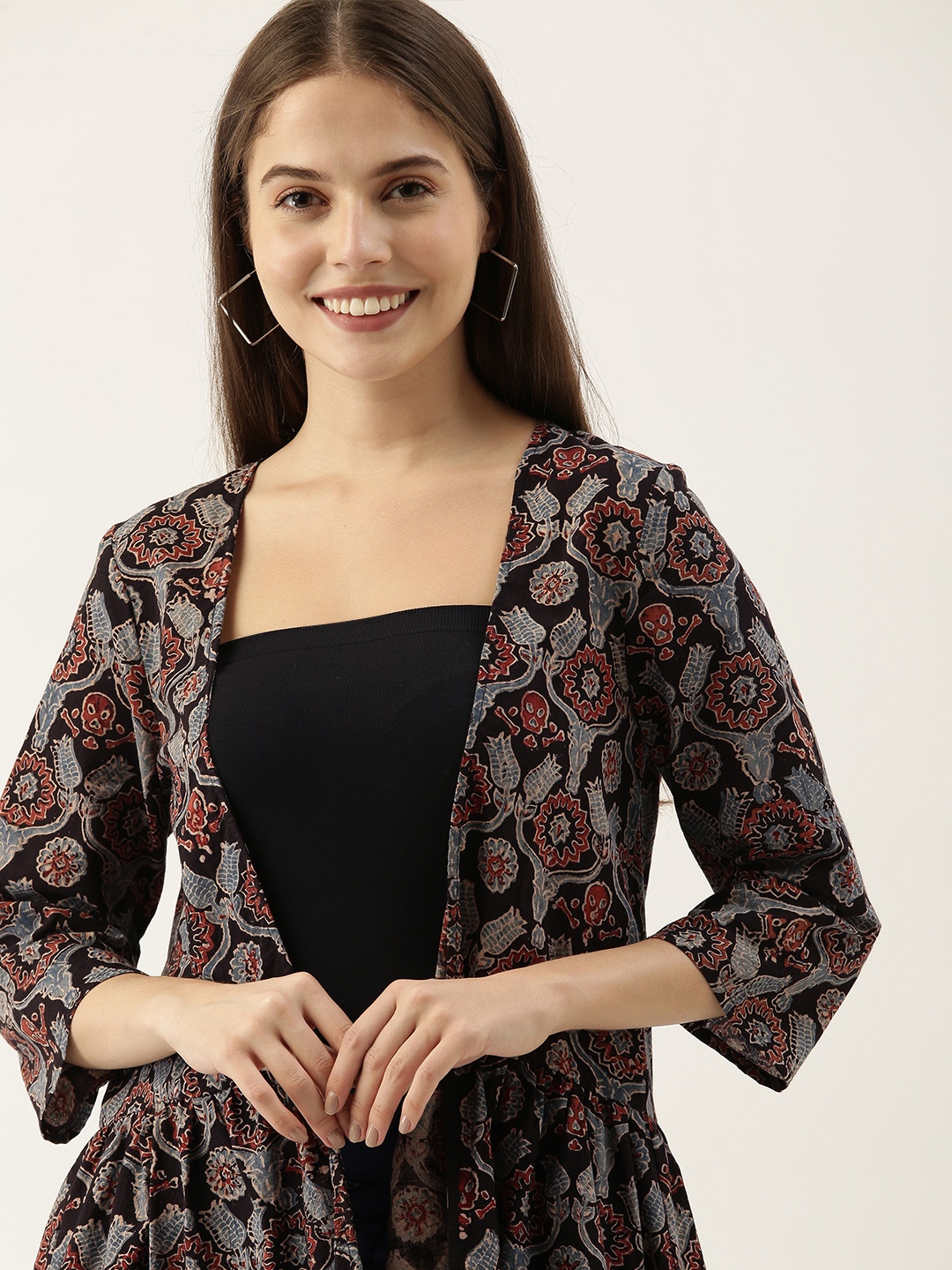 

Taavi Women Black Handblock Printed Fusion Jacket Shrug