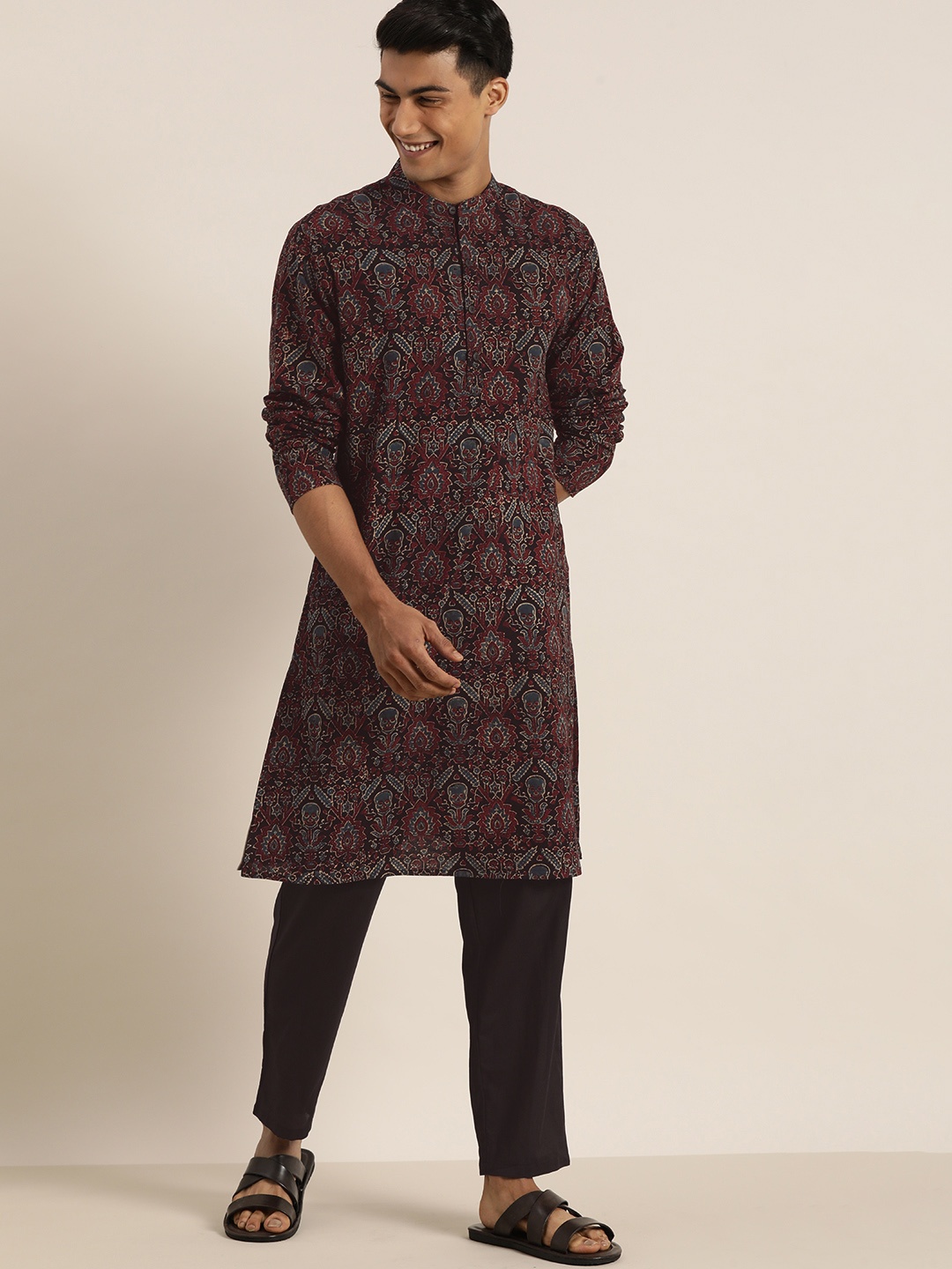 

Taavi Men Red Ajrakh Printed Regular Pure Cotton Kurta with Trousers