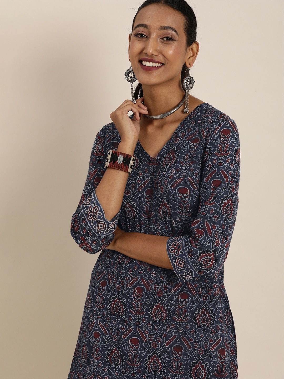 

Taavi Women Navy Blue Ajrakh Hand Block Print Straight Kurta