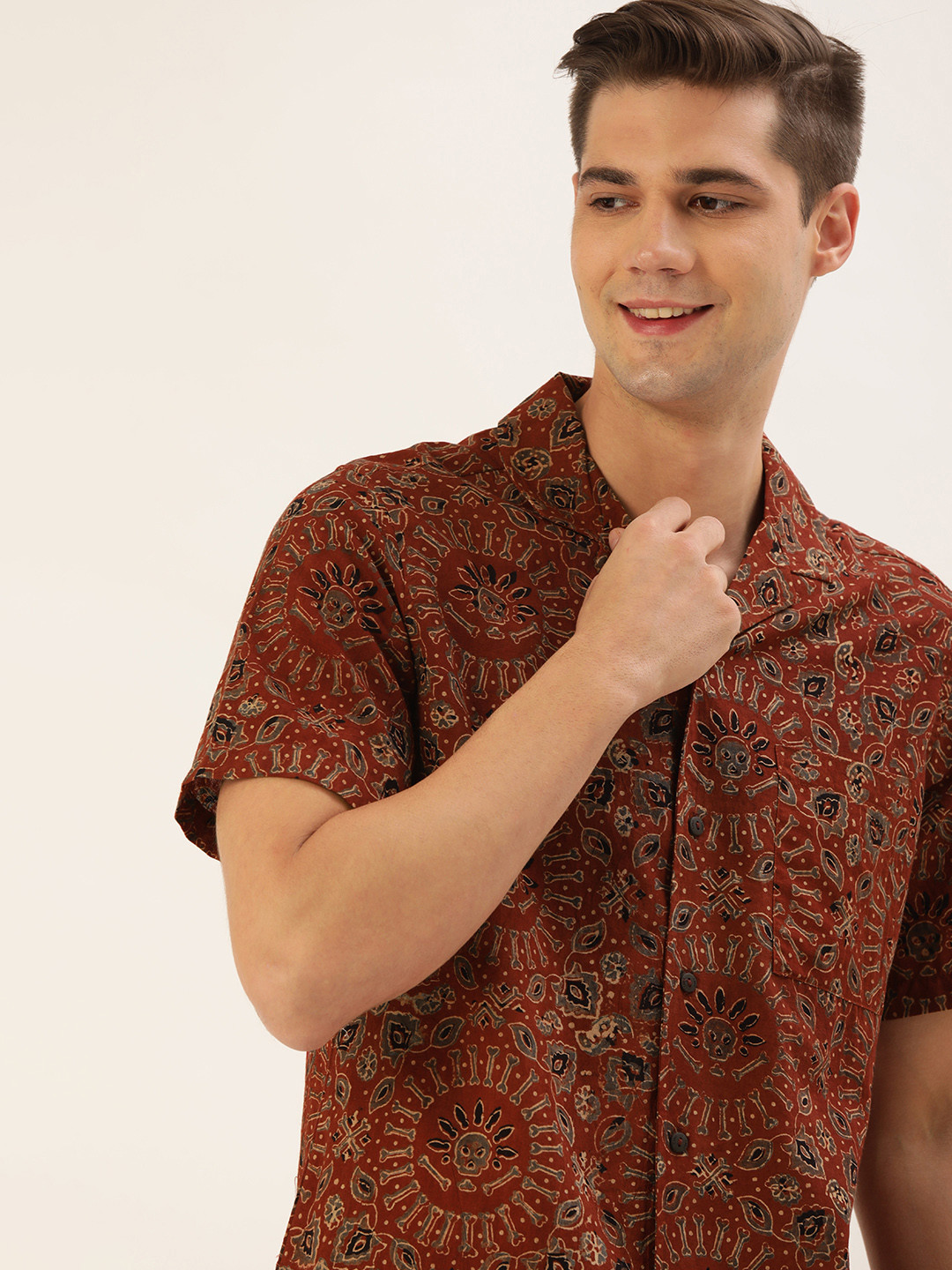 

Taavi Men Maroon Ajrakh Hand Block Printed Cuban Collar Casual Shirt