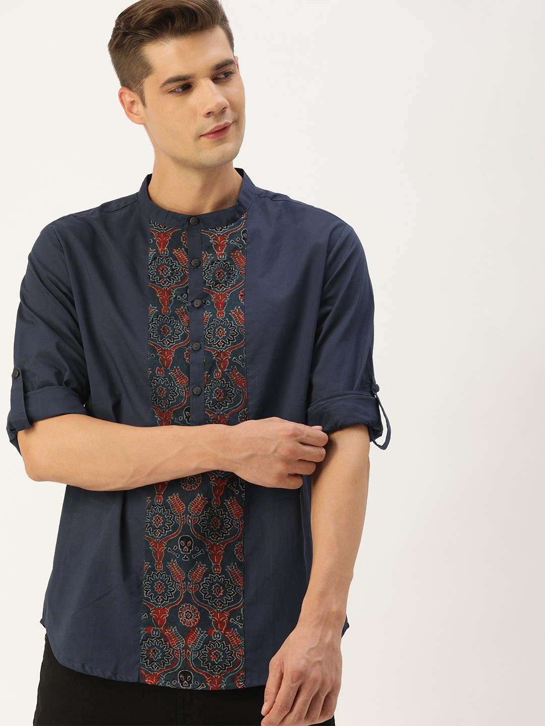 

Taavi Men Navy Blue Ajrakh Handcrafted Sustainable Cotton Ethnic Shirt